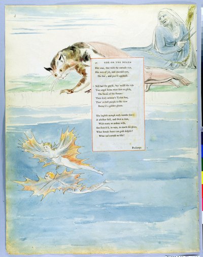 「トーマス・グレイの詩」からの「お気に入りの猫の死のオード」のデザイン10、1797-98年公開（紙にペンとインクを付けたトイレ） 作： William Blake